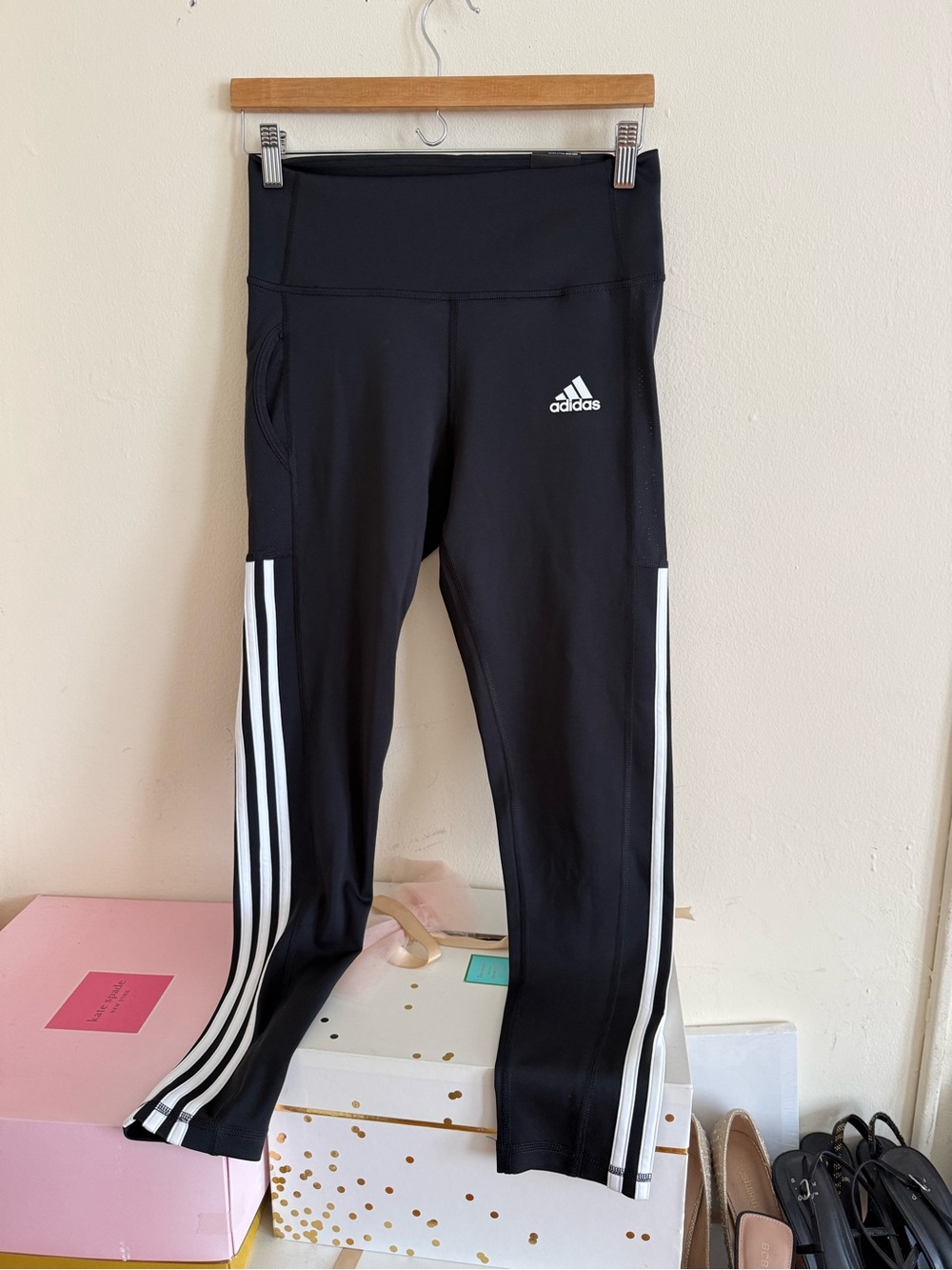 adidas Black Leggings with White Three-Stripe Side Panels